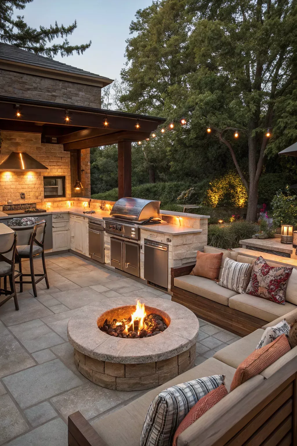 Professional fire pit and outdoor kitchen installation by Roof-To-Roots